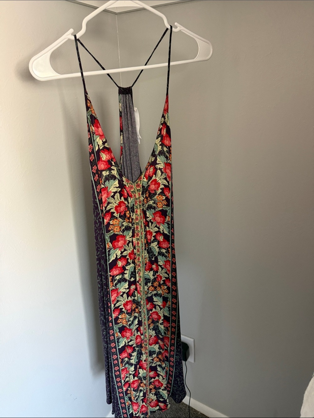 Astr Floral Maxi Slip Dress in Black with Red Blooms
